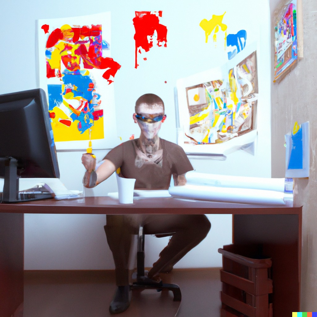 Изображение нейросети DALL·E 2 по запросу «do not leave a junior developer alone with a task, painting in futuristic style»