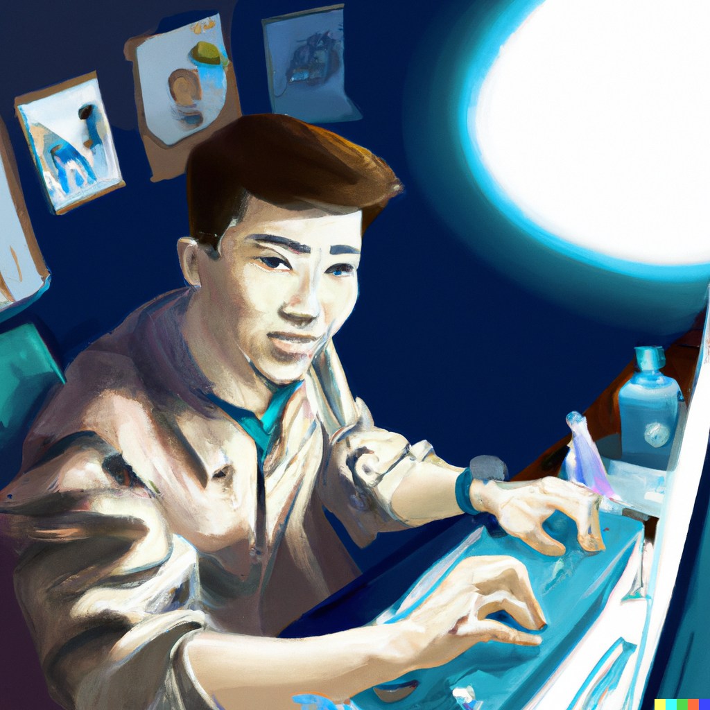 Изображение нейросети DALL·E 2 по запросу «Kazakh IT specialist at work, painting in digital art style»