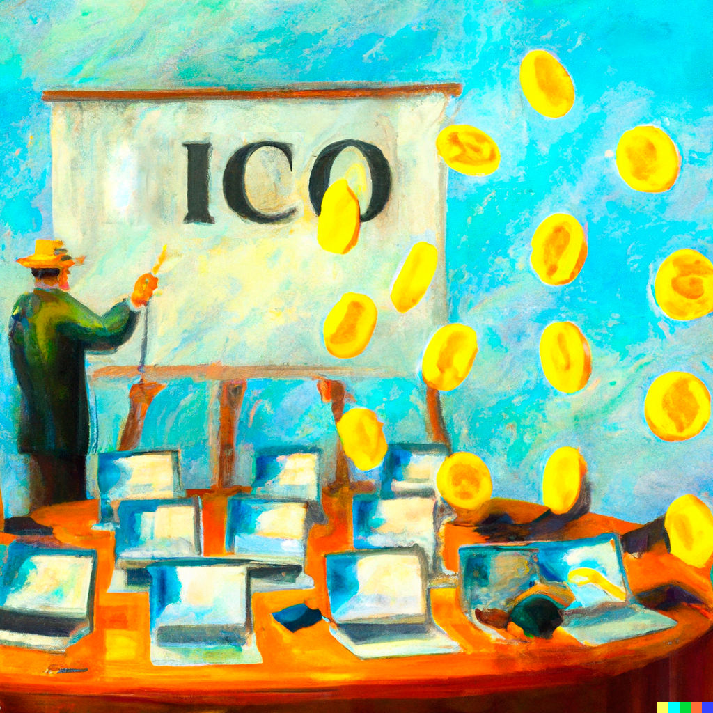 Изображение сгенерировано нейросетью DALL·E 2 по запросу "How to attract money to a company using ICO, oil painting"