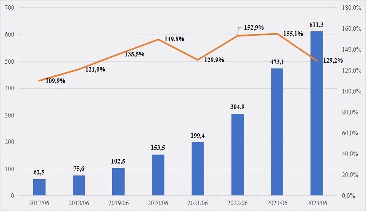 Динамика ИТ услуг в Казахстане за первое полугодие с 2017 по 2024 годы, млрд. тенге